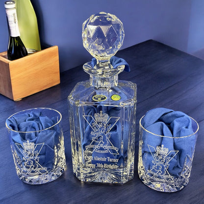 British Military Cut Glass Decanter & Whisky Glasses